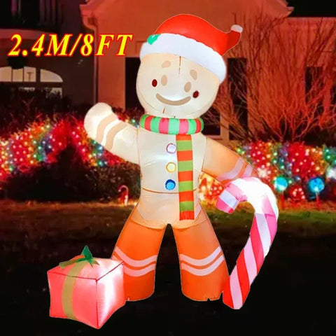 Inflatable gingerbread man decoration with Santa hat and candy cane for festive Christmas atmosphere