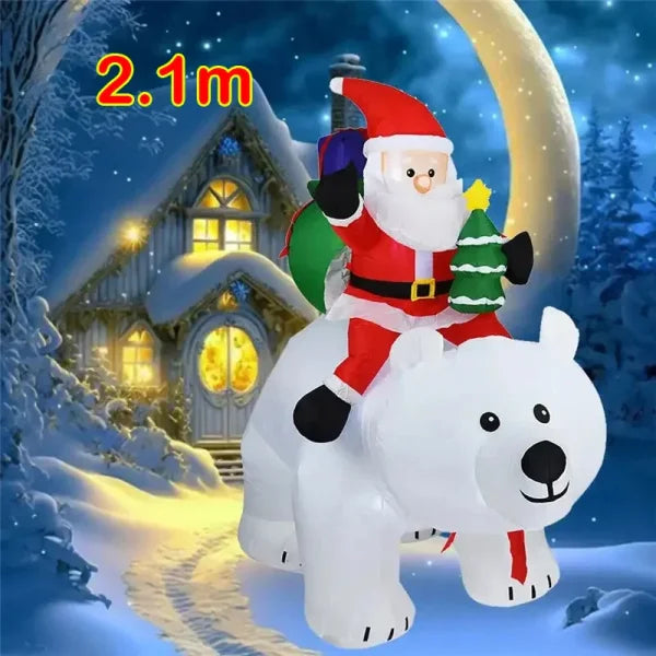 Inflatable Santa Claus on a polar bear enhances the festive Christmas atmosphere