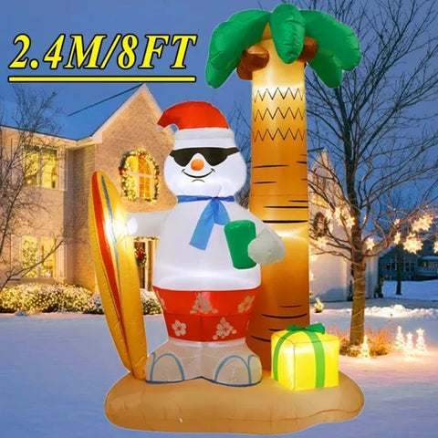 Inflatable Christmas Decoration featuring a snowman with sunglasses and surfboard