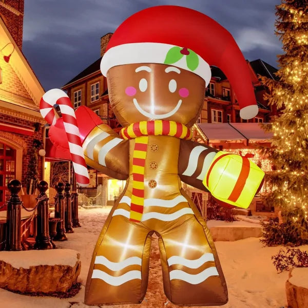 Inflatable Gingerbread Man decoration with LED lights enhancing the Christmas atmosphere