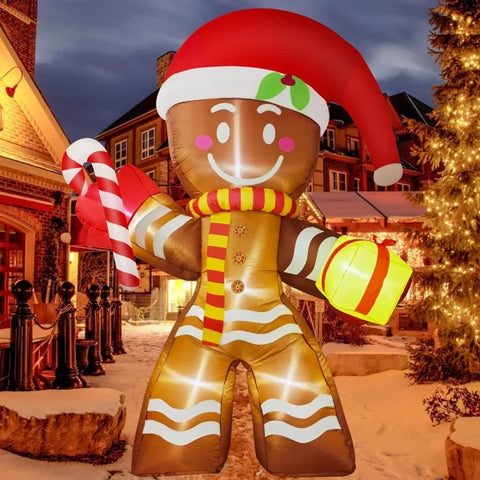 Inflatable Gingerbread Man decoration with LED lights enhancing the Christmas atmosphere