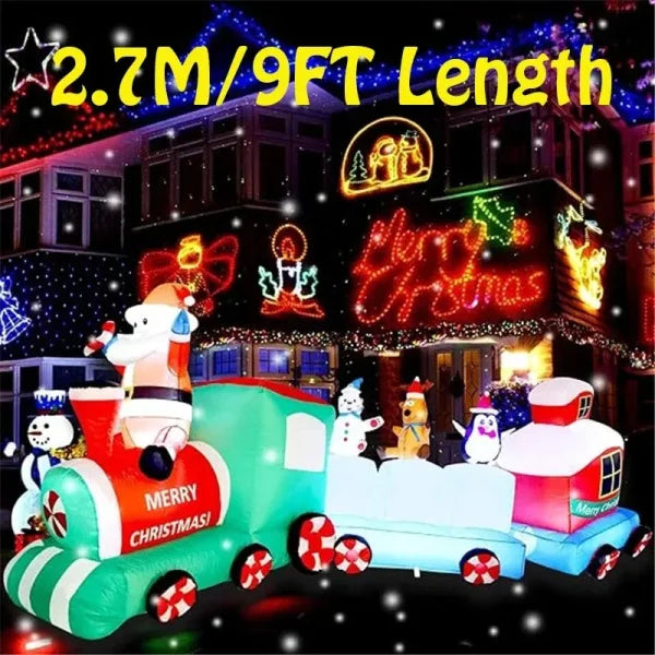 Illuminated inflatable Christmas train with snowmen enhances festive Christmas atmosphere