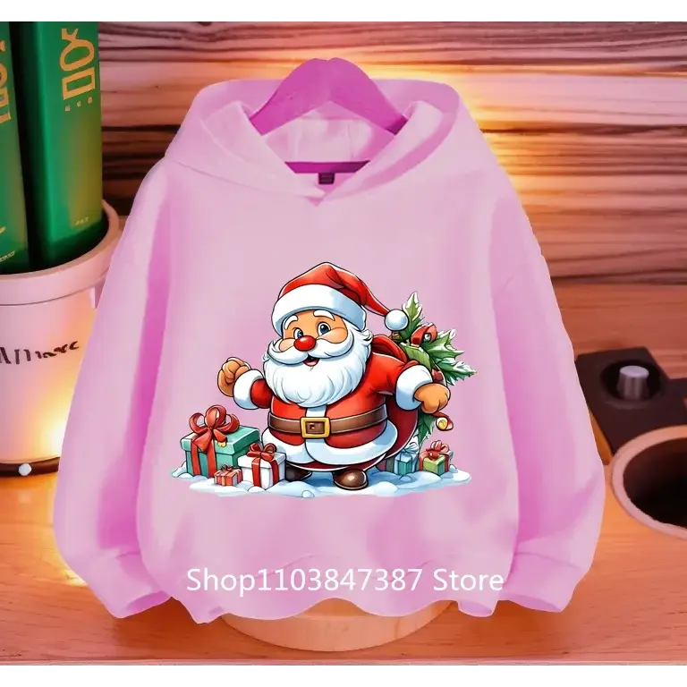 Christmas Santa Claus Hoodies Print Sweatshirts Boys Girls Unisex Hooded Sweatshirt Kids Fashion Cartoons Oversized