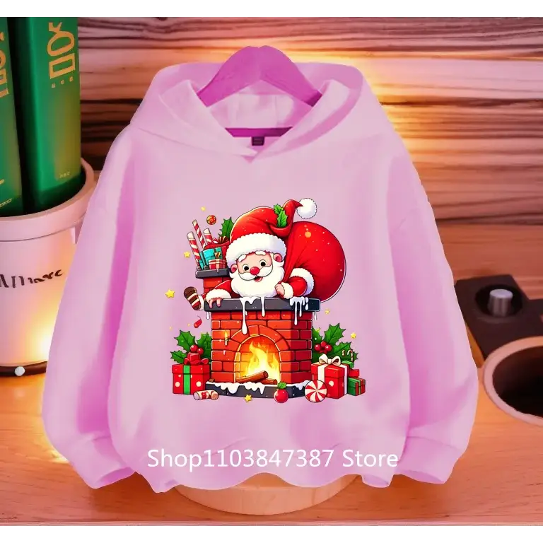 Christmas Santa Claus Hoodies Print Sweatshirts Boys Girls Unisex Hooded Sweatshirt Kids Fashion Cartoons Oversized