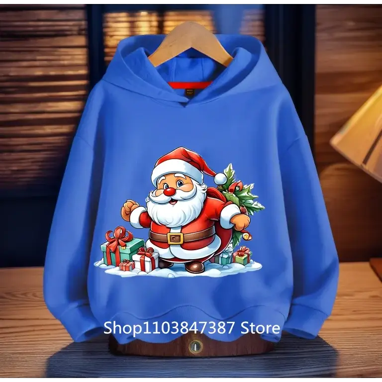 Christmas Santa Claus Hoodies Print Sweatshirts Boys Girls Unisex Hooded Sweatshirt Kids Fashion Cartoons Oversized