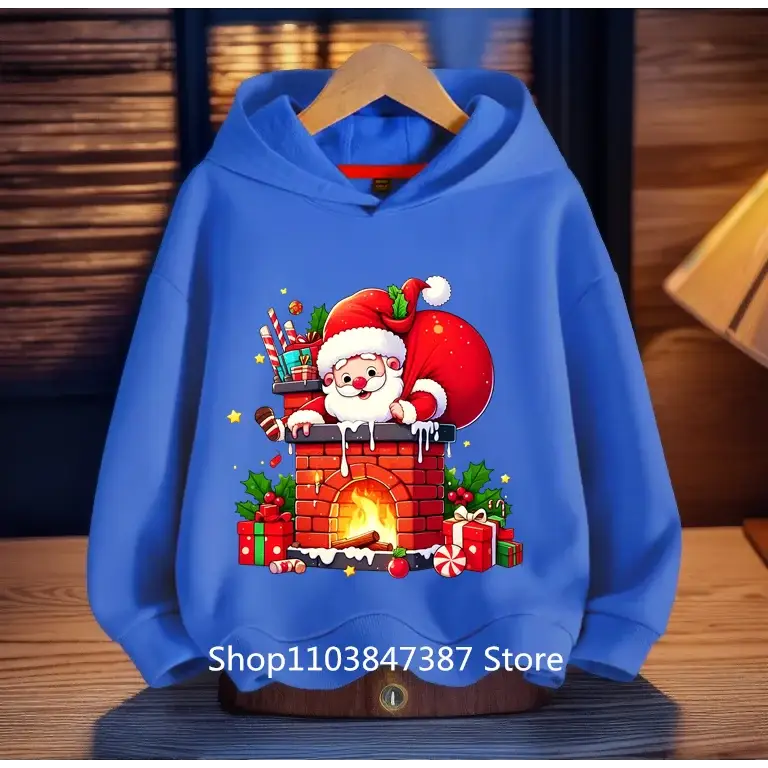 Christmas Santa Claus Hoodies Print Sweatshirts Boys Girls Unisex Hooded Sweatshirt Kids Fashion Cartoons Oversized
