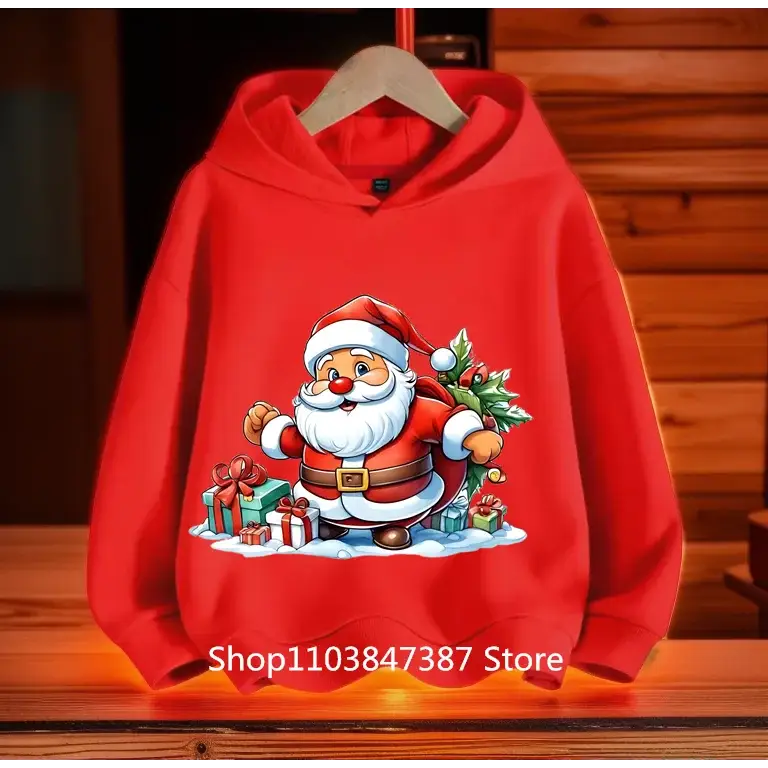 Christmas Santa Claus Hoodies Print Sweatshirts Boys Girls Unisex Hooded Sweatshirt Kids Fashion Cartoons Oversized