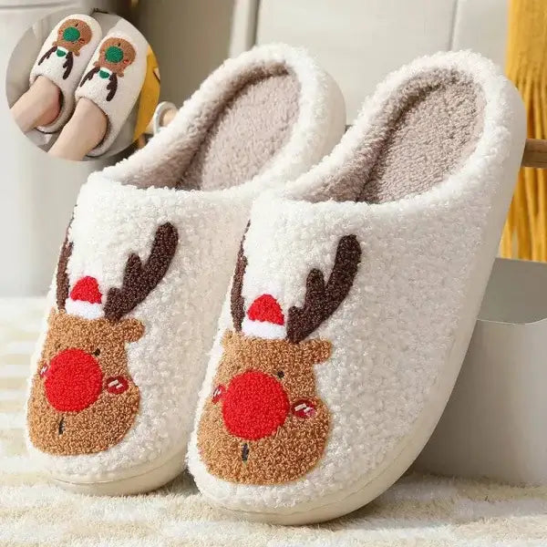Cozy white reindeer Santa hat slippers as holiday footwear