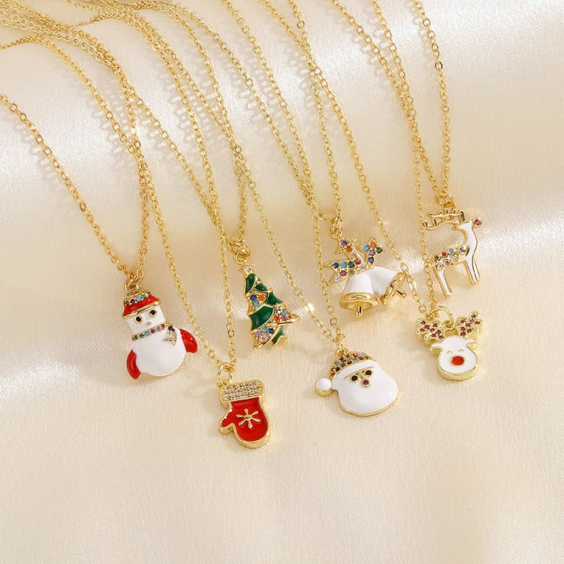 Christmas Tree Santa Claus Elk Snowman Necklace with Colored Rhinestones