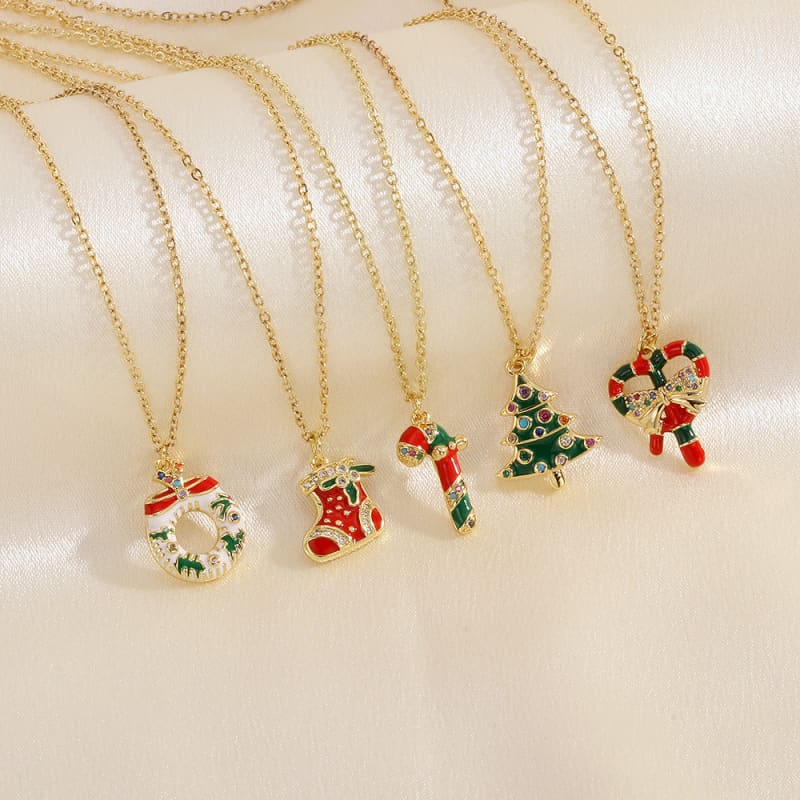 Christmas Tree Santa Claus Elk Snowman Necklace with Colored Rhinestones