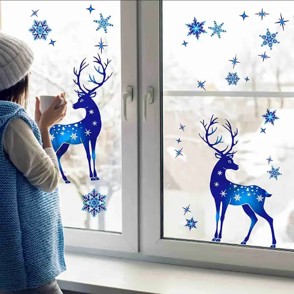 Christmas Window Clings Ornament Snowflake Sticker Glass Window Decoration Sticker Christmas Blue Snowflake Elk Wall