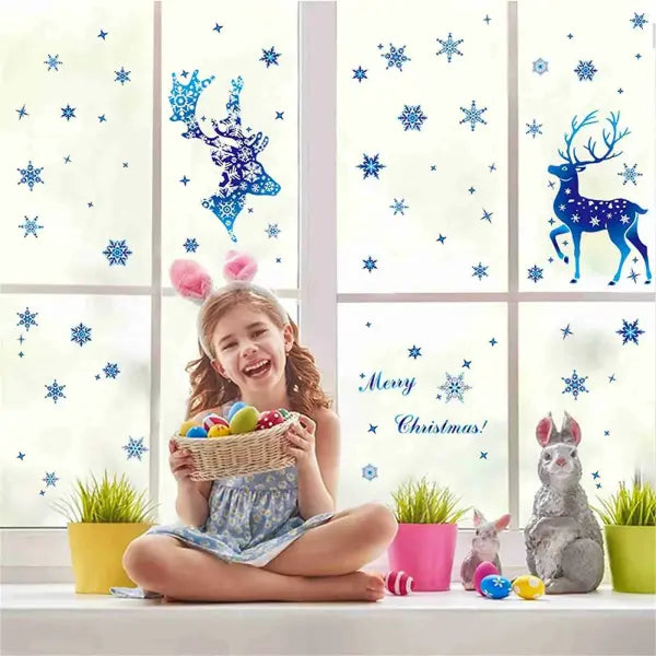 Christmas Window Clings Ornament Snowflake Sticker Glass Window Decoration Sticker Christmas Blue Snowflake Elk Wall
