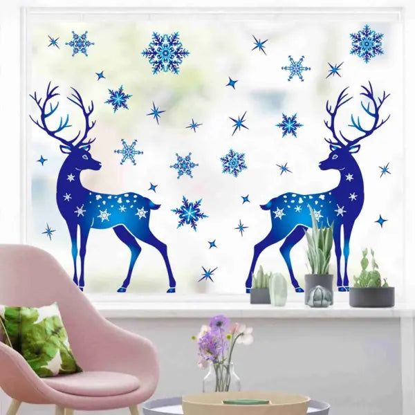 Christmas Window Clings Ornament Snowflake Sticker Glass Window Decoration Sticker Christmas Blue Snowflake Elk Wall