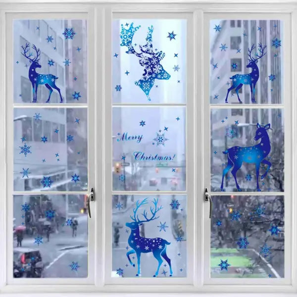 Christmas Window Clings Ornament Snowflake Sticker Glass Window Decoration Sticker Christmas Blue Snowflake Elk Wall