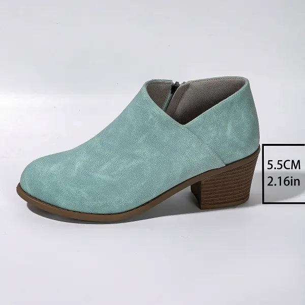 Chunky Heel Round Toe Ankle Boots in Soft Synthetic Material