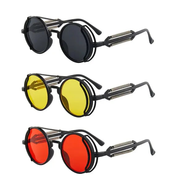 Gothic steampunk sunglasses with round plastic frame and mirror lenses - 125