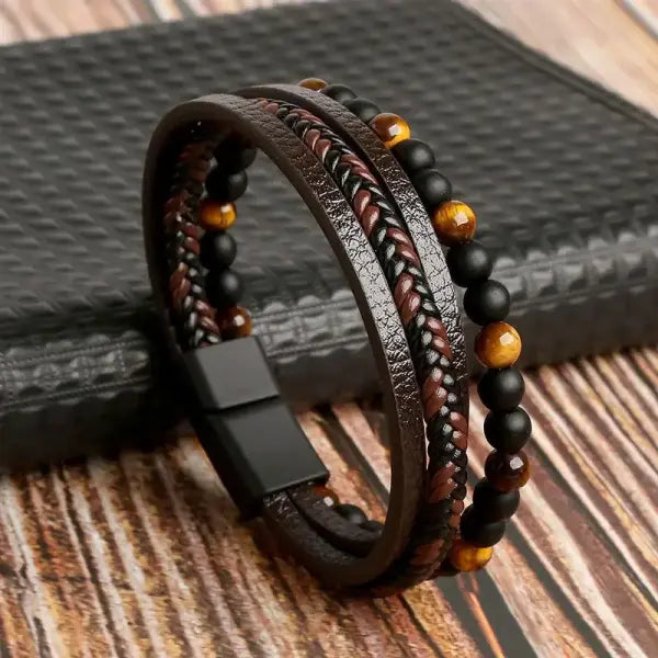 Hand woven multi layer leather bracelet punk zinc alloy - F2 / 19cm