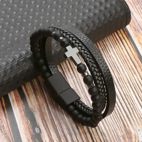 Hand woven multi layer leather bracelet punk zinc alloy - H2 / 21cm