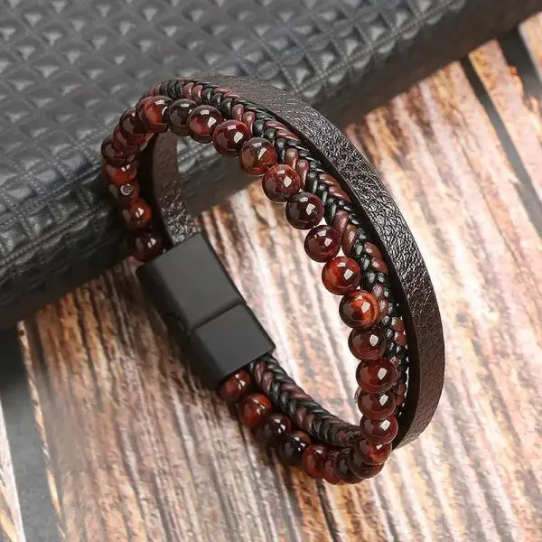 Mens Leather Bracelet Woven Multi Layer Classic Punk Jewelry - K1 / 21cm