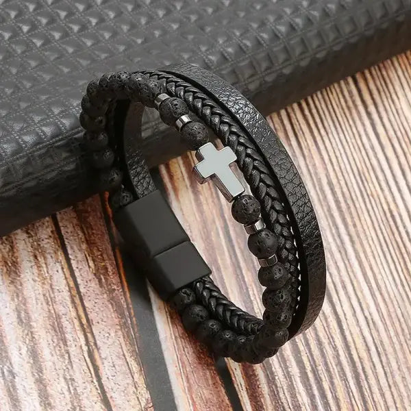 Mens Leather Bracelet Woven Multi Layer Classic Punk Jewelry - H3 / 23cm