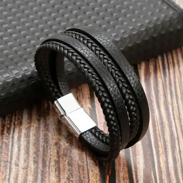 Mens Leather Bracelet Woven Multi Layer Classic Punk Jewelry - G3 / 23cm