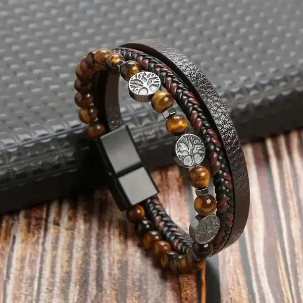 Mens Leather Bracelet Woven Multi Layer Classic Punk Jewelry - I1 / 19cm
