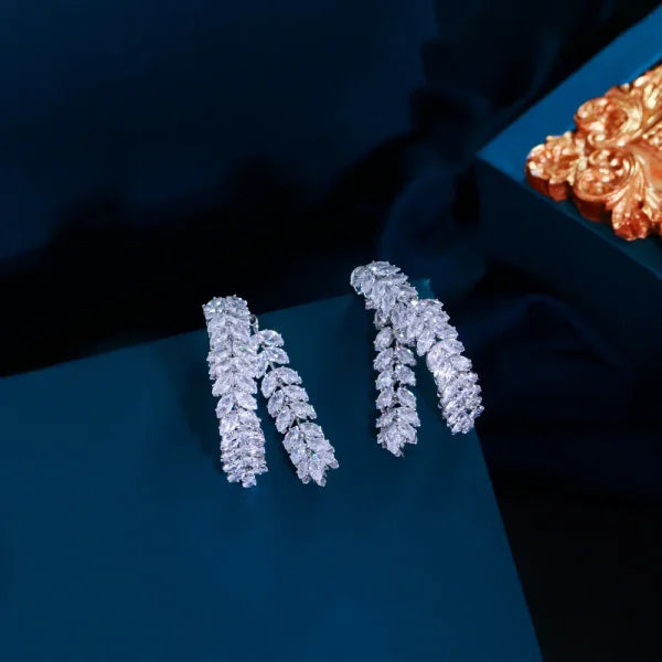 Cluster Fringed Leaf Shape Cubic Zirconia Dangle Earrings for Women - Himpall