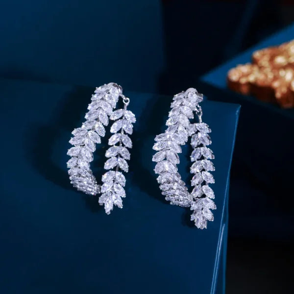Cluster Fringed Leaf Shape Cubic Zirconia Dangle Earrings for Women - Himpall