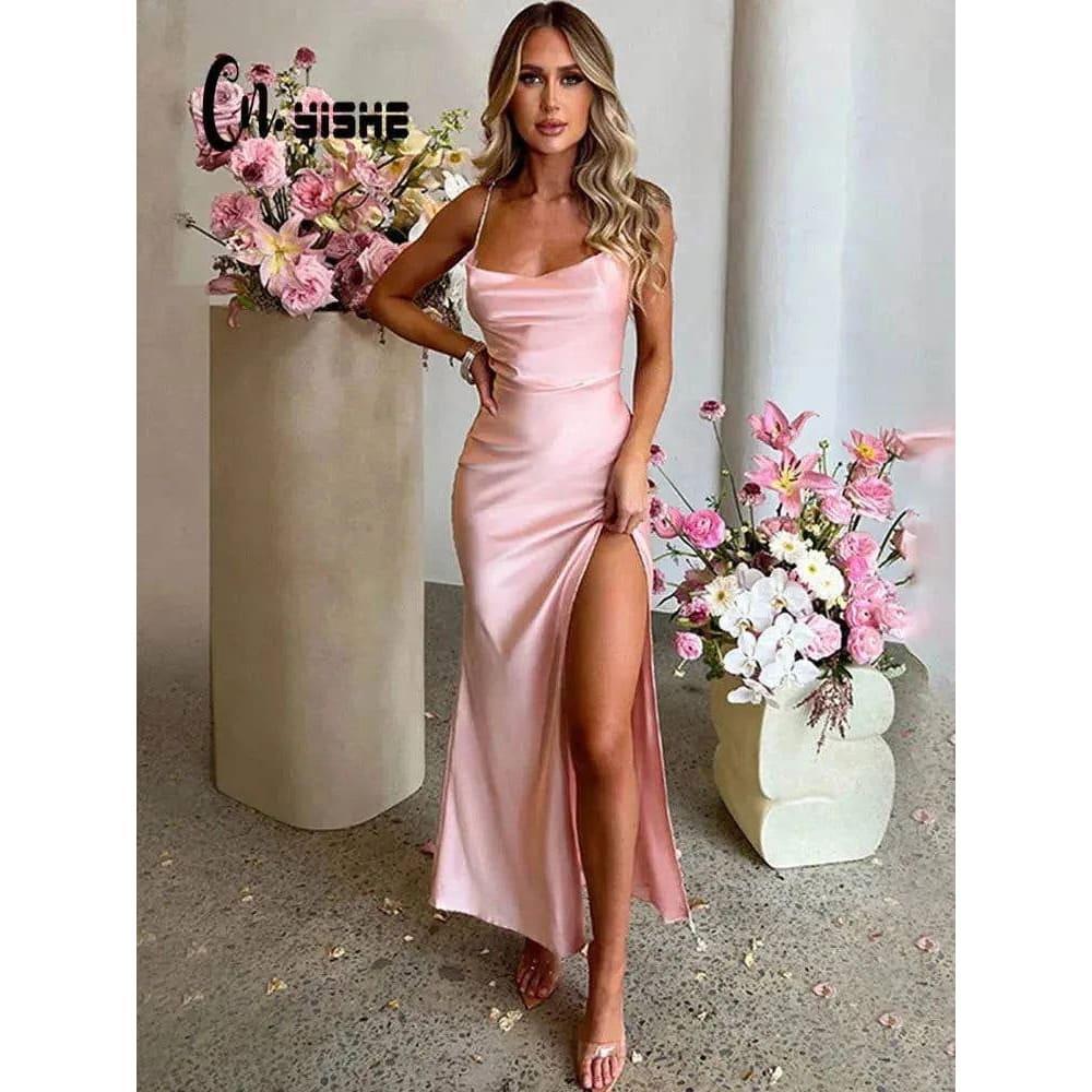 CNYISHE Sexy Split Spaghetti Strap Backless Maxi Dress