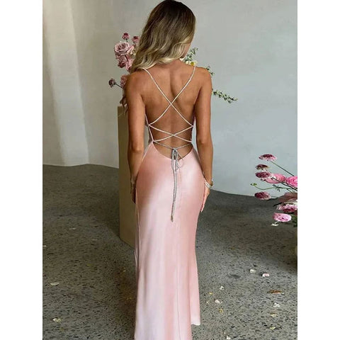 CNYISHE Sexy Split Spaghetti Strap Backless Maxi Dress