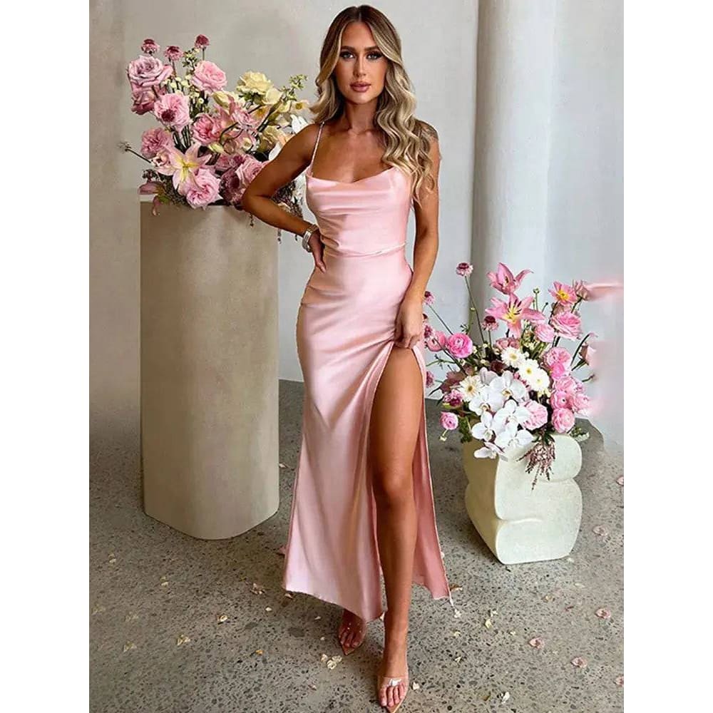 CNYISHE Sexy Split Spaghetti Strap Backless Maxi Dress - Pink / M