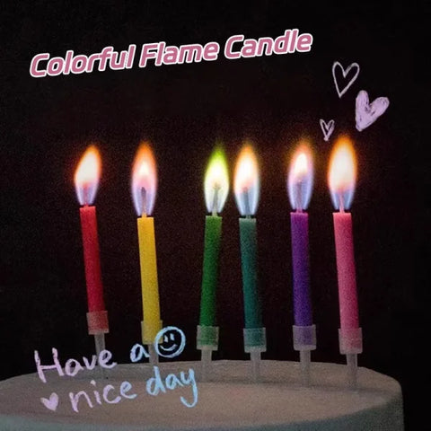 Colored flame stick candles on a cake with a ’Have a nice day’ message for birthday celebrations