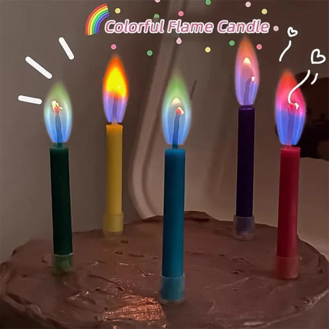 Birthday cake with colored flame stick candles for vibrant birthday celebrations