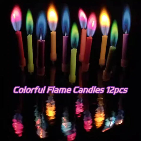 Colored flame stick candles with vibrant rainbow flames for festive birthday celebrations