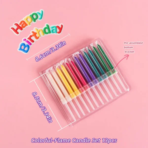 Set of colorful flame stick candles for vibrant birthday celebrations in clear holder