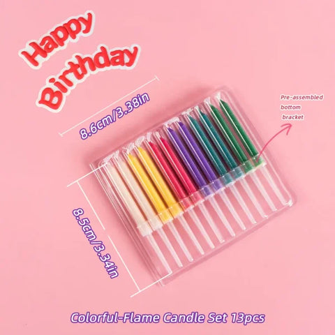 Set of 18 colored flame stick candles for vibrant birthday celebrations in clear holder