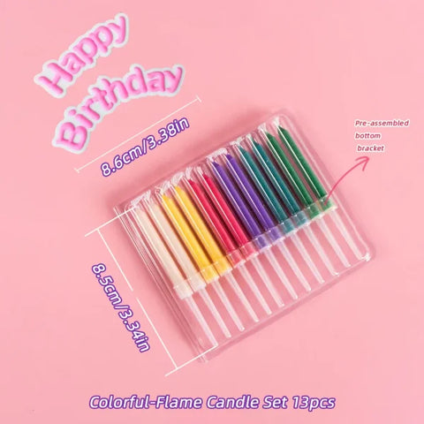 Set of colorful flame stick candles for birthday celebrations in clear holder