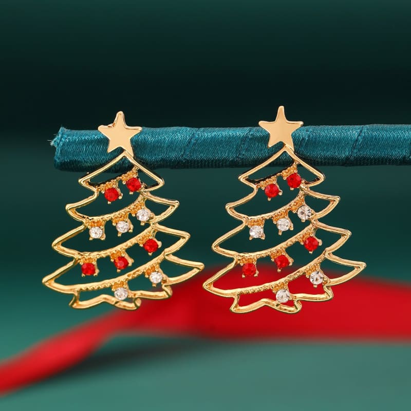 Colorful Zircon Christmas Tree Earrings for Festive Party Jewelry - 01kc Gold Red White 2520