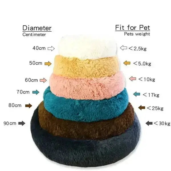 Stacked colorful comfortable coral fleece round pet beds with size and weight capacities for furry friends
