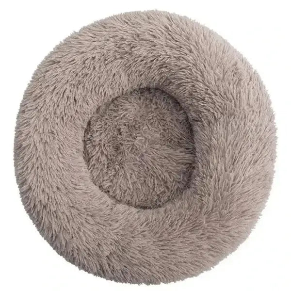 Comfortable coral fleece round pet bed for furry friend in gray fur-like material
