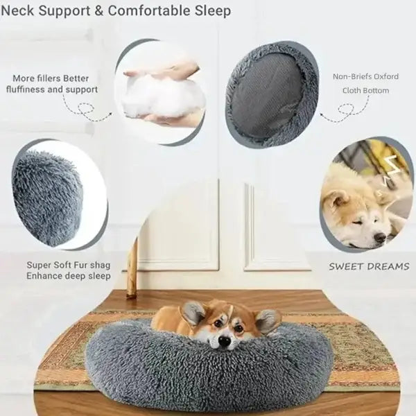 Comfortable coral fleece round pet bed for furry friend with gray fur