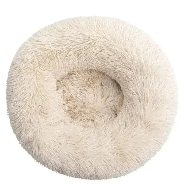 Comfortable coral fleece round pet bed for furry friend with plush beige fur