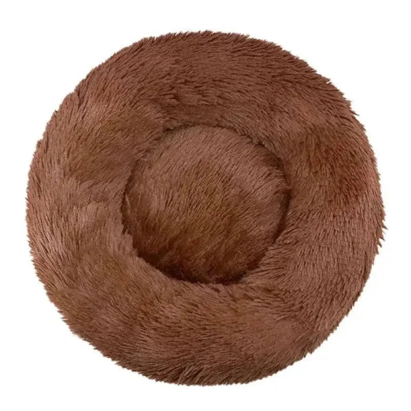 Round brown plush pet bed made of comfortable coral fleece for your furry friend