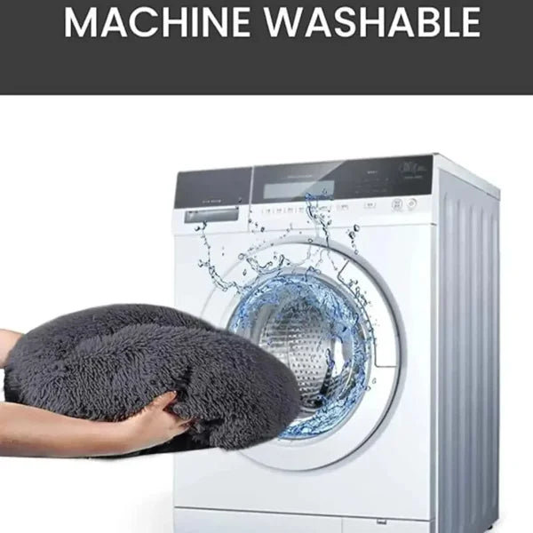 Dark gray plush pillow added to washing machine for Comfortable Coral Fleece Round Pet Bed
