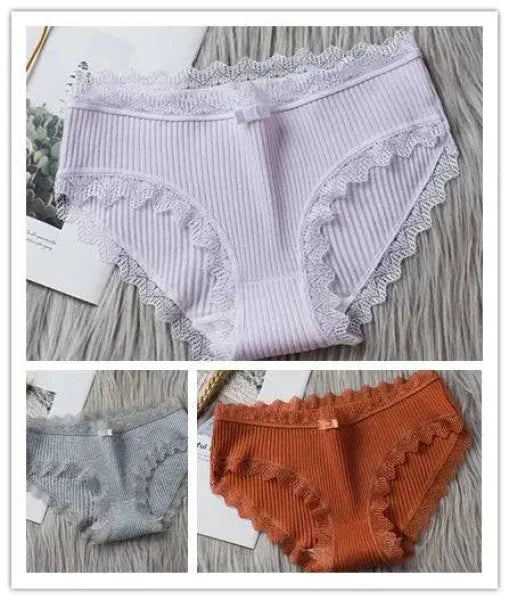 Sexy Briefs - Cotton Underwear with Lace Intimates Set - 10 / XL / 3pcs