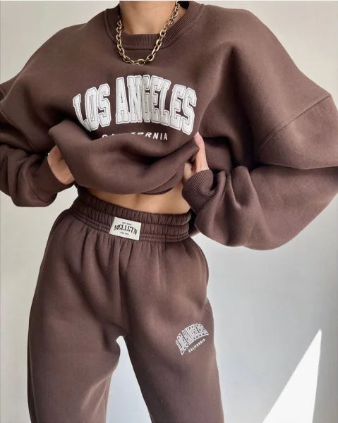 Brown sweatsuit with Los Angeles text from the Commuting Collection main fabric line