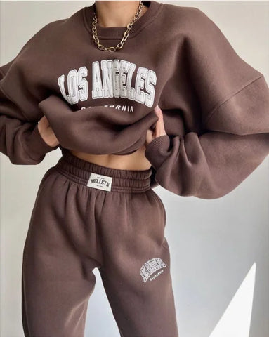 Brown sweatsuit with Los Angeles text from the Commuting Collection main fabric line