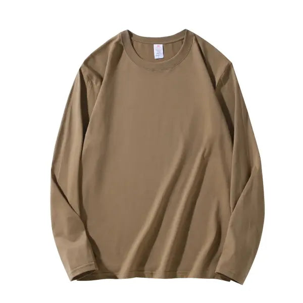 100% Cotton Long Sleeve Men’s T-Shirt – New Solid Color Round Neck Tee - Coffee / M