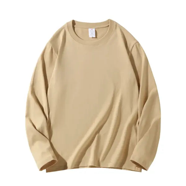 100% Cotton Long Sleeve Men’s T-Shirt – New Solid Color Round Neck Tee - Khaki / 4XL