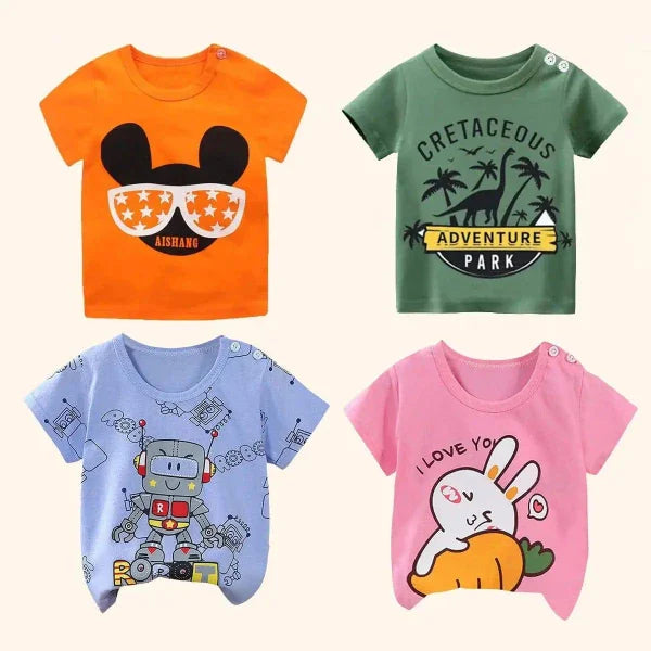 Cotton cartoon summer t-shirts for kids 4T-5T with Mickey Mouse, dinosaurs, robot, bunny